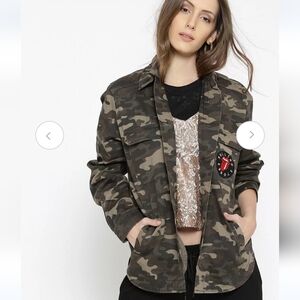 FOREVER21 Olive Jean Camouflage Rolling Stones Patch Utility Jacket